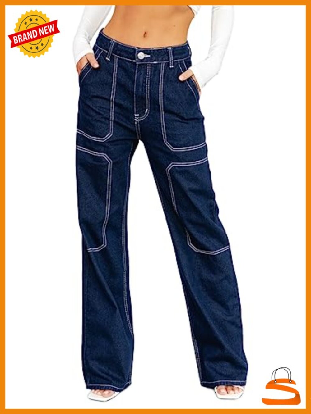 Women's Cargo Jeans Wide Leg Mid Rise Loose Fit Denim Pants